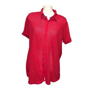 Roamans Red Mesh Button-Up Shirt Size Large Short Sleeve Lightweight Collared To